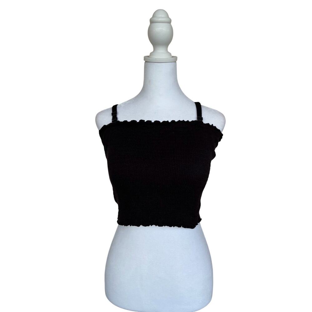 Black Smocked Ruffle Strap Crop Top Tank Peasant Boho Festival